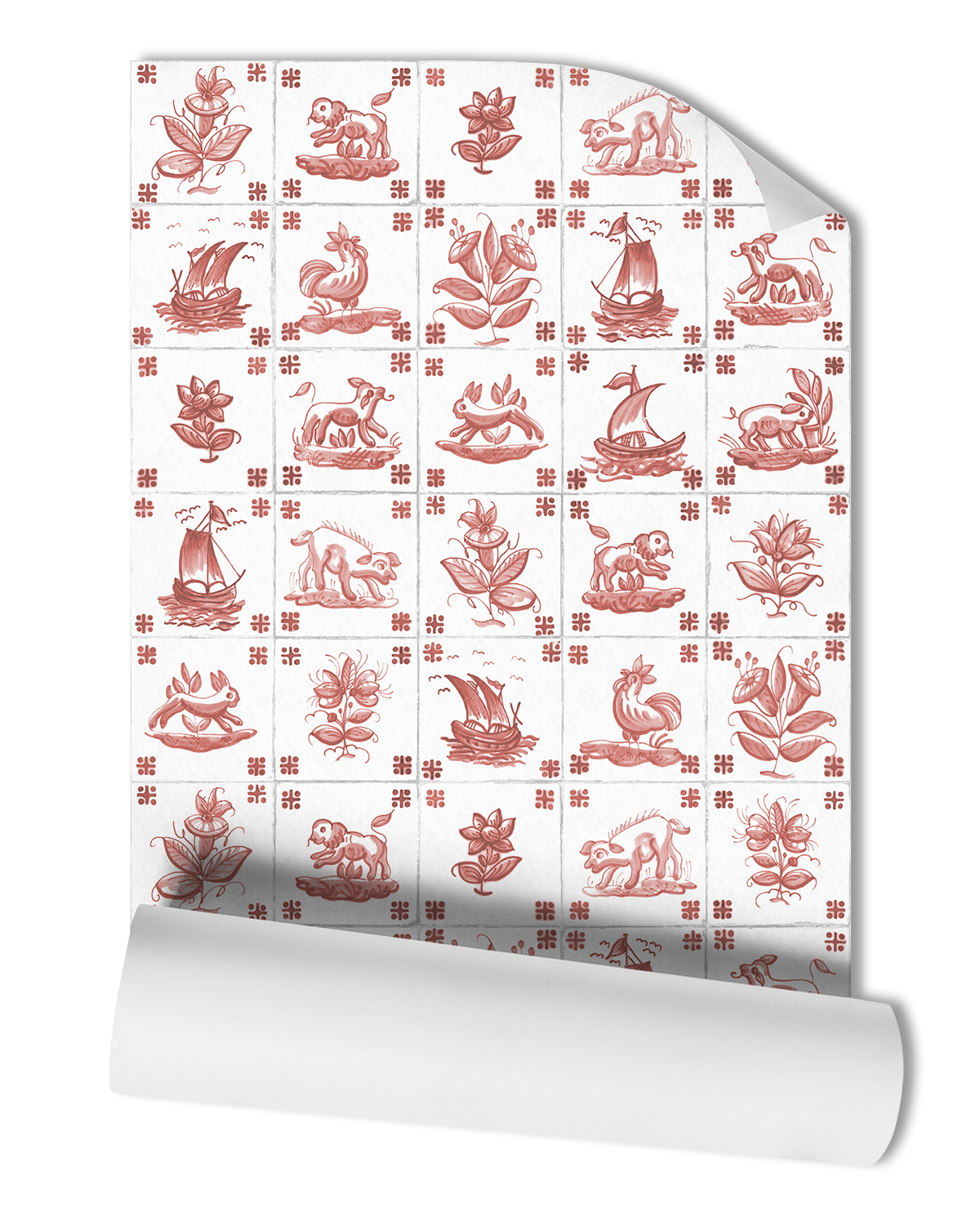 Introduce a vibrant touch to your space with our Antique Delft Wallpaper in Poppy. The bright red-painted delft motifs on white tiles, reminiscent of Portuguese tiles, create a stunning visual impact.
