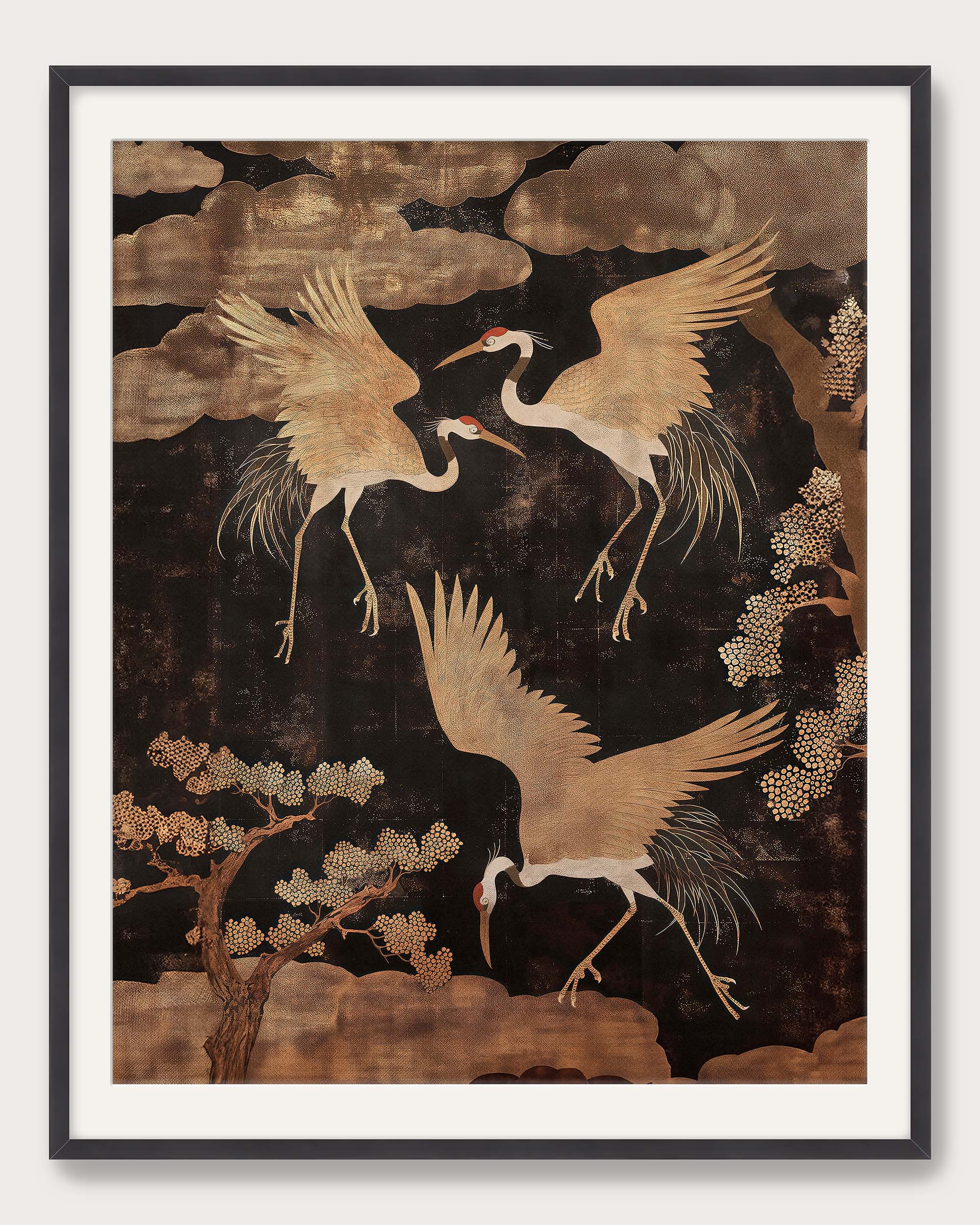 Greenly Living — Midnight Cranes Framed Art Print | Antique Gold