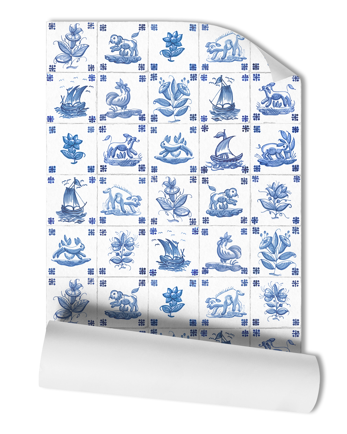 Enhance your space with our Antique Delft Wallpaper in Cornflower, featuring blue-painted delft motifs on white tiles. The tile grout texture and vintage-inspired design create a charming and timeless look.