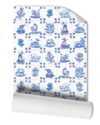 Enhance your space with our Antique Delft Wallpaper in Cornflower, featuring blue-painted delft motifs on white tiles. The tile grout texture and vintage-inspired design create a charming and timeless look.