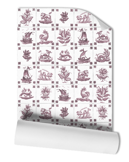 Transform your space with our Antique Delft Wallpaper in Currant, featuring oxblood-dark-red-painted delft motifs on white tiles inspired by Portuguese tiles. The rich color and intricate tile design bring a touch of vintage elegance.