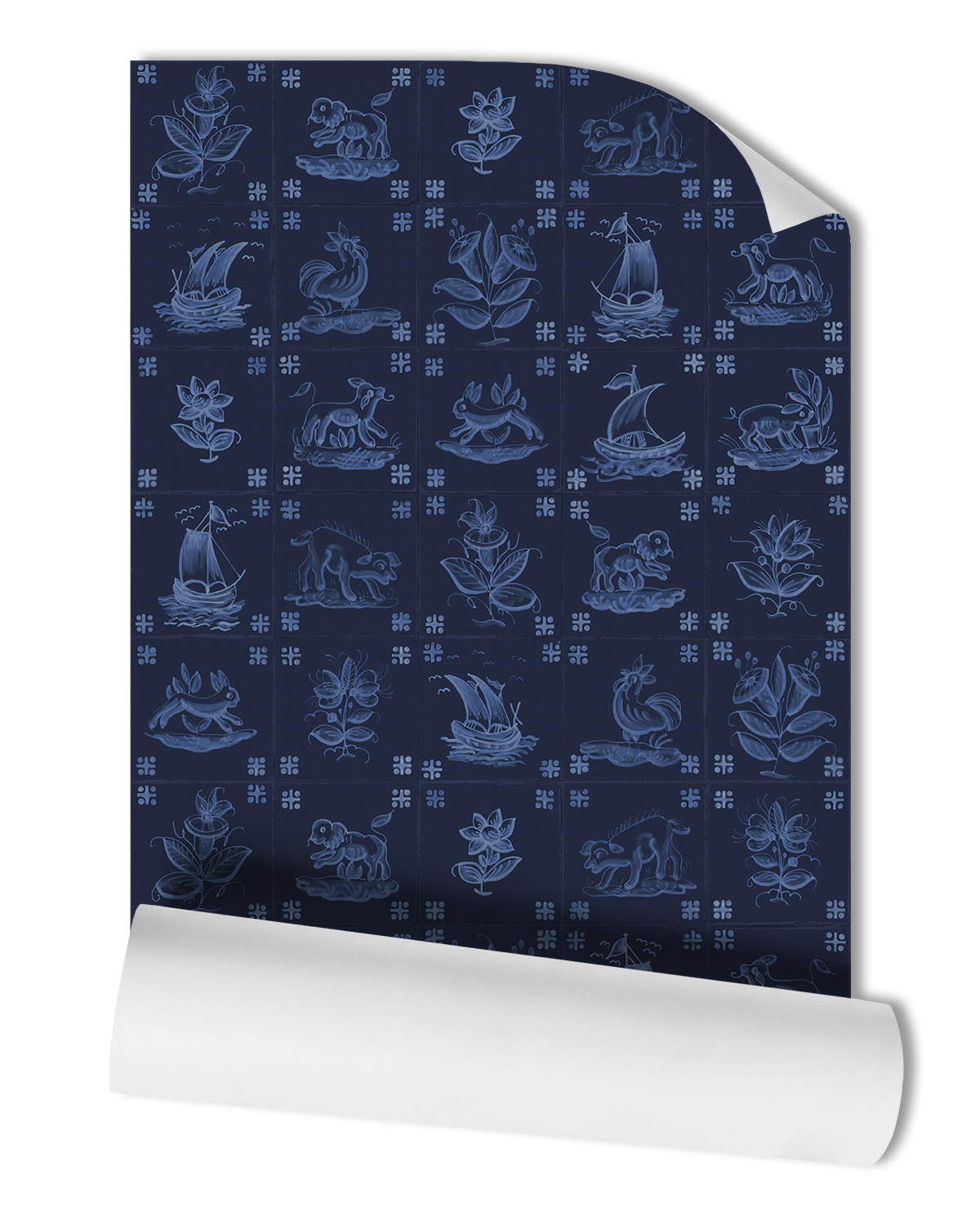 Enhance your space with the elegance of our Antique Delft Wallpaper in Indigo. Featuring deep navy blue tiles adorned with light blue delft motifs, this wallpaper captures the essence of Portuguese tiles.