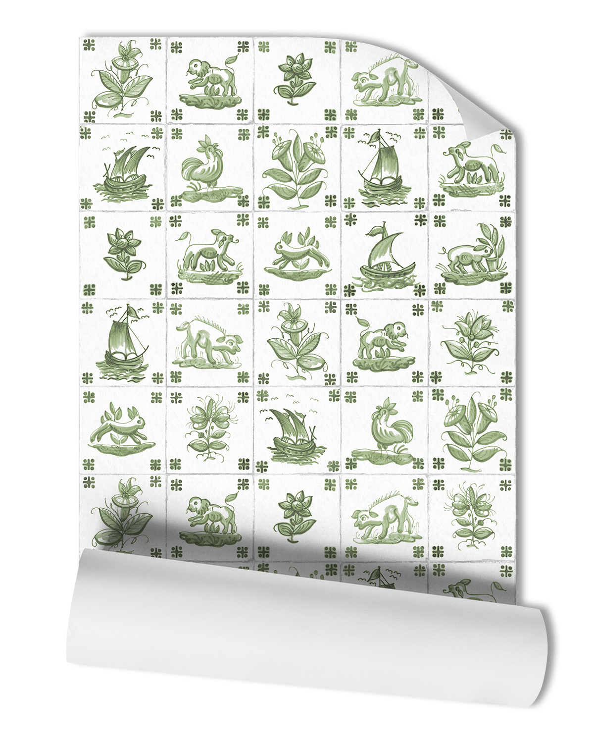 Elevate your space with our Antique Delft Wallpaper in Basil, featuring green-painted delft motifs on white tiles reminiscent of Portuguese tiles. The intricate tile design adds a touch of elegance and vintage charm.