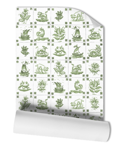 Elevate your space with our Antique Delft Wallpaper in Basil, featuring green-painted delft motifs on white tiles reminiscent of Portuguese tiles. The intricate tile design adds a touch of elegance and vintage charm.