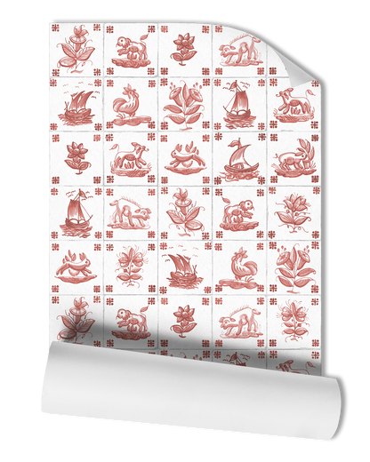 Introduce a vibrant touch to your space with our Antique Delft Wallpaper in Poppy. The bright red-painted delft motifs on white tiles, reminiscent of Portuguese tiles, create a stunning visual impact.