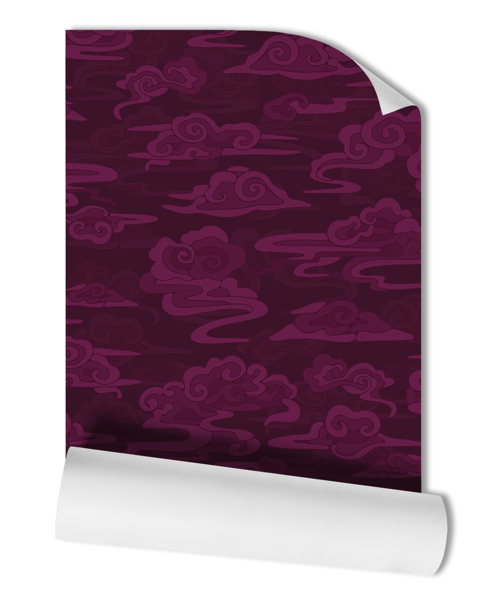 Enhance your space with our exquisite Atmosphere Wallpaper in Aubergine, featuring a captivating oriental and chinoiserie clouds pattern in deep eggplant purple.
