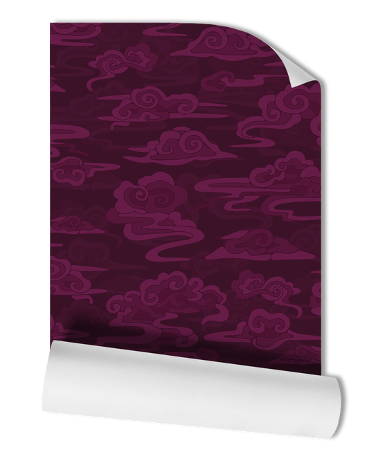 Enhance your space with our exquisite Atmosphere Wallpaper in Aubergine, featuring a captivating oriental and chinoiserie clouds pattern in deep eggplant purple.