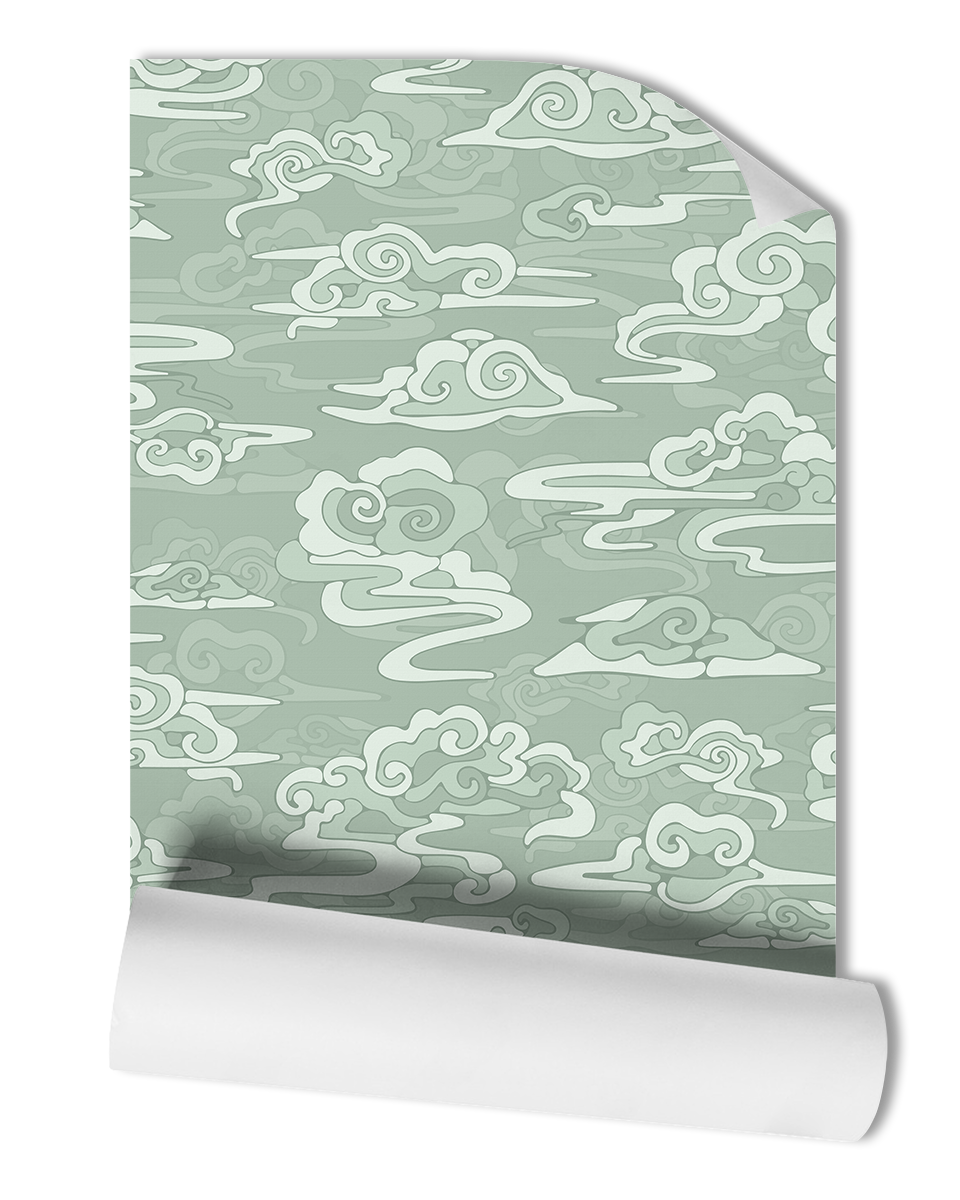 Enhance your space with our exquisite Atmosphere Wallpaper in Jade, featuring a captivating oriental and chinoiserie clouds pattern in refreshing green.