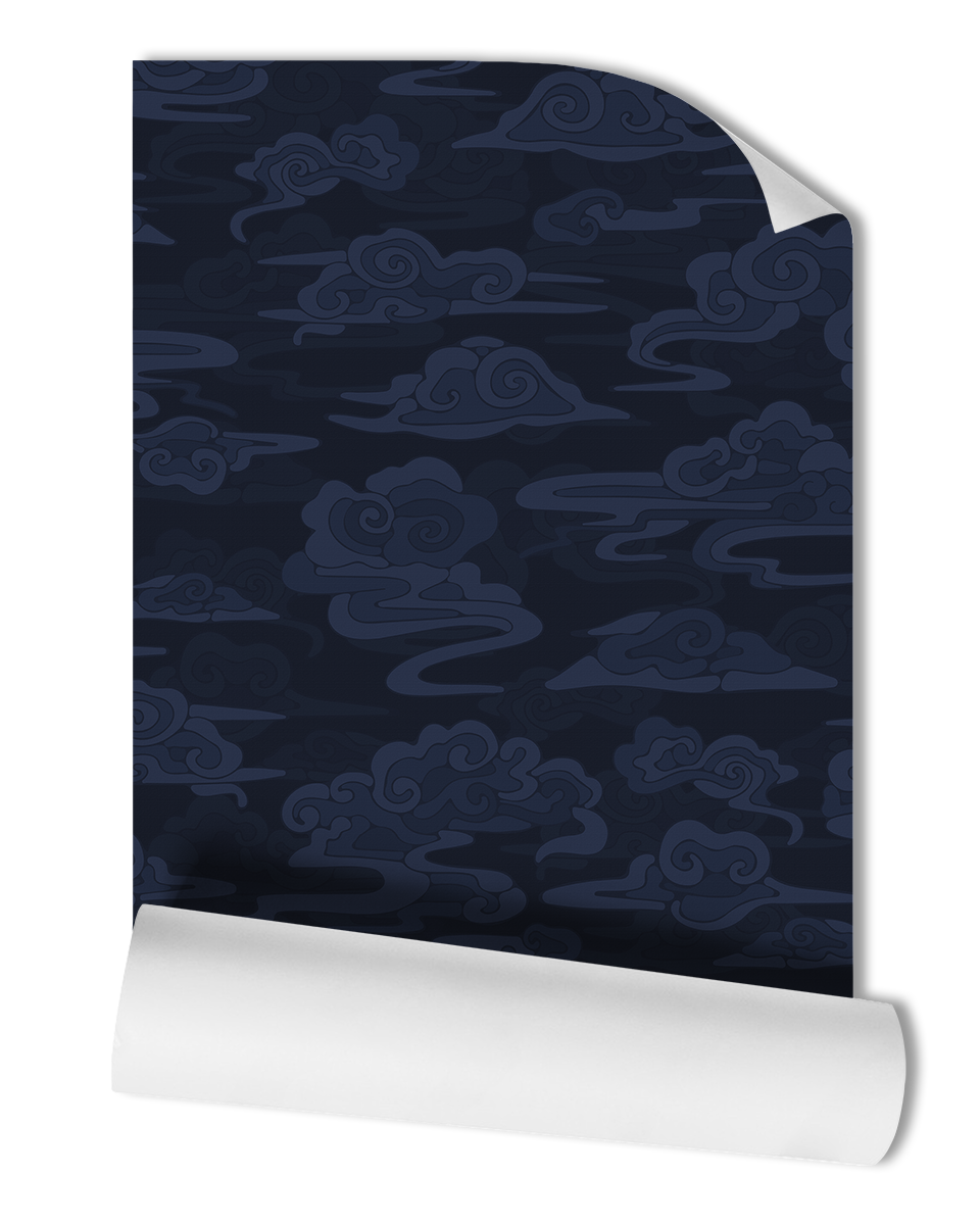 Elevate your space with our exquisite Atmosphere Wallpaper in Midnight, featuring a captivating oriental and chinoiserie clouds pattern in a deep navy blue hue.