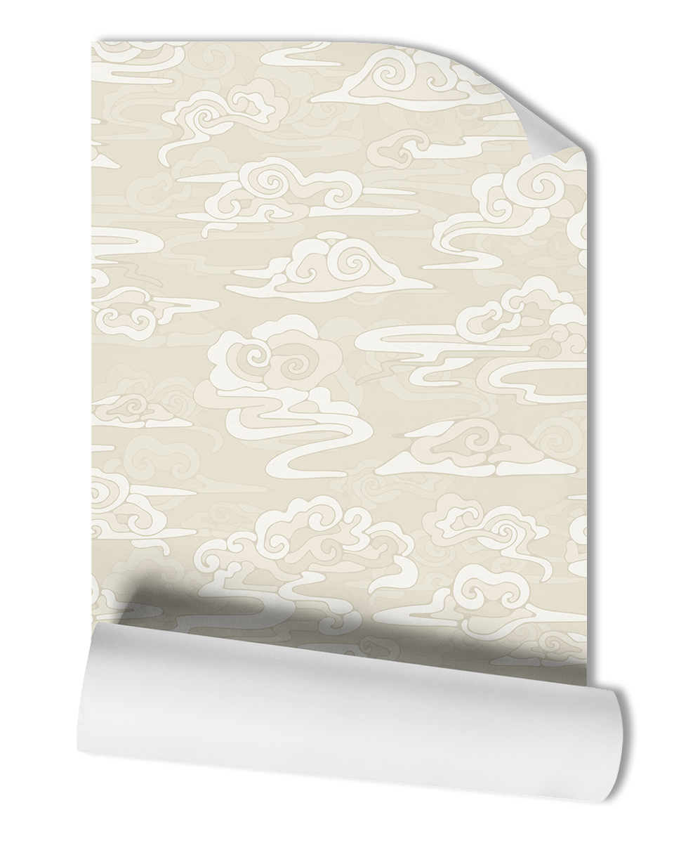 Enhance your space with our Silk Atmosphere Wallpaper, featuring an elegant oriental and chinoiserie clouds pattern in a soothing minimal ivory off-white color.