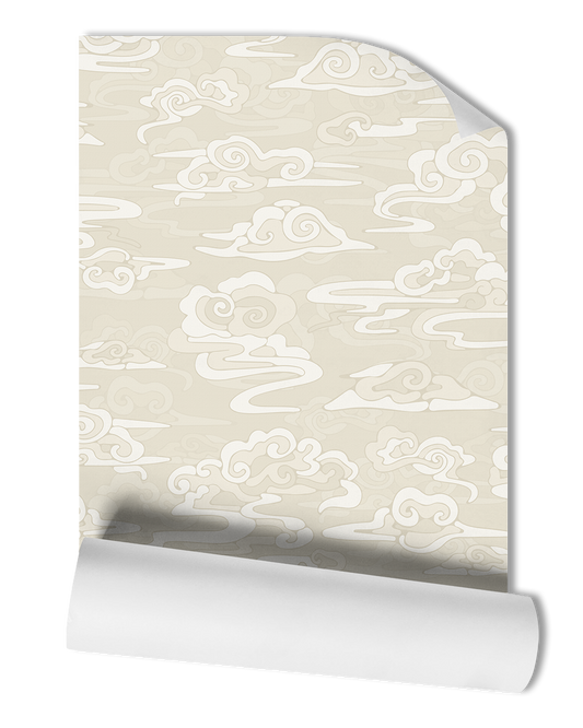 Enhance your space with our Silk Atmosphere Wallpaper, featuring an elegant oriental and chinoiserie clouds pattern in a soothing minimal ivory off-white color.