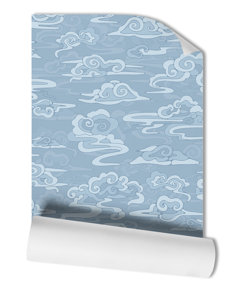 Enhance your space with our Sky Atmosphere Wallpaper, featuring an exquisite oriental and chinoiserie clouds pattern in a soothing light blue color.